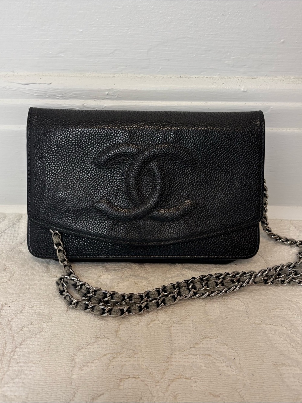 CHANEL Black Caviar Leather Crossbody Wallet with Silver Chain